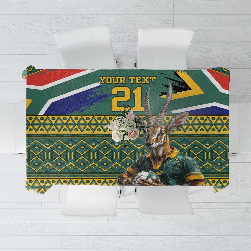 Green South Africa rugby tablecloth with geometric patterns and bok mascot graphic