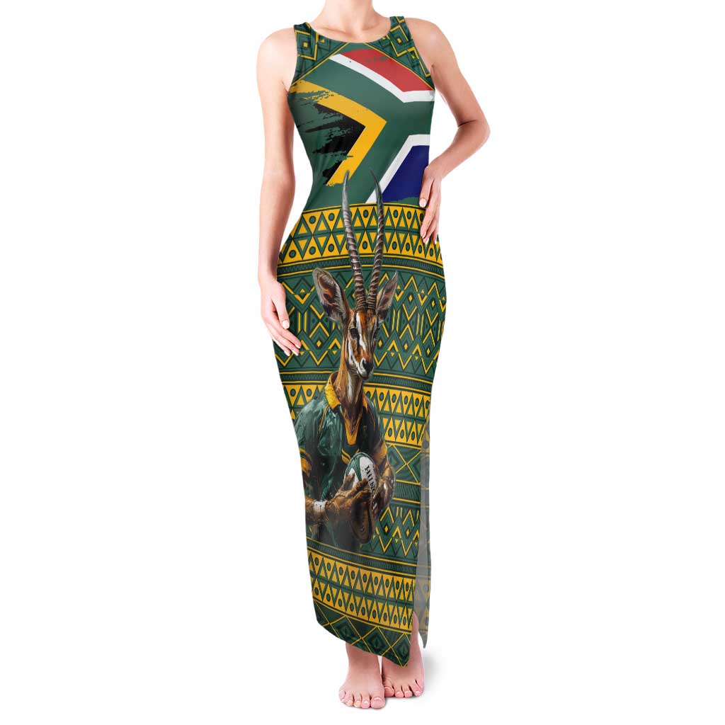 Custom South Africa Rugby Bokke Mascot Tank Maxi Dress With Flag Style - Wonder Print Shop