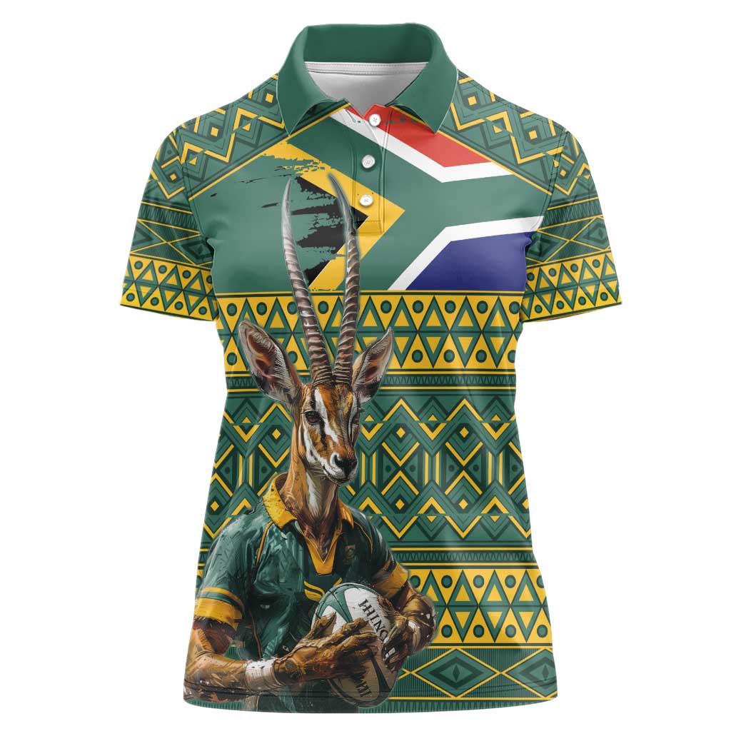 Custom South Africa Rugby Bokke Mascot Women Polo Shirt With Flag Style - Wonder Print Shop