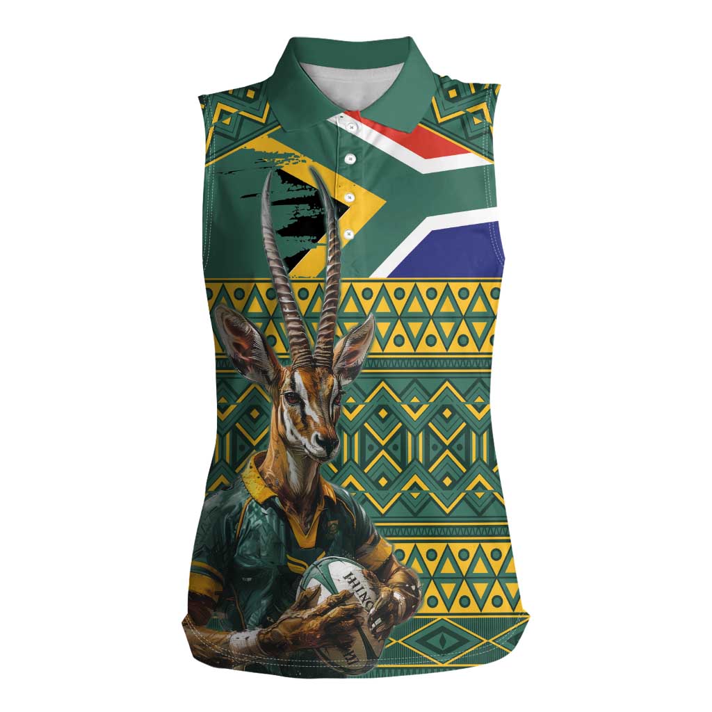 Custom South Africa Rugby Bokke Mascot Women Sleeveless Polo Shirt With Flag Style - Wonder Print Shop