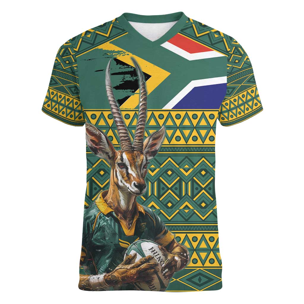 Custom South Africa Rugby Bokke Mascot Women V-Neck T-Shirt With Flag Style - Wonder Print Shop