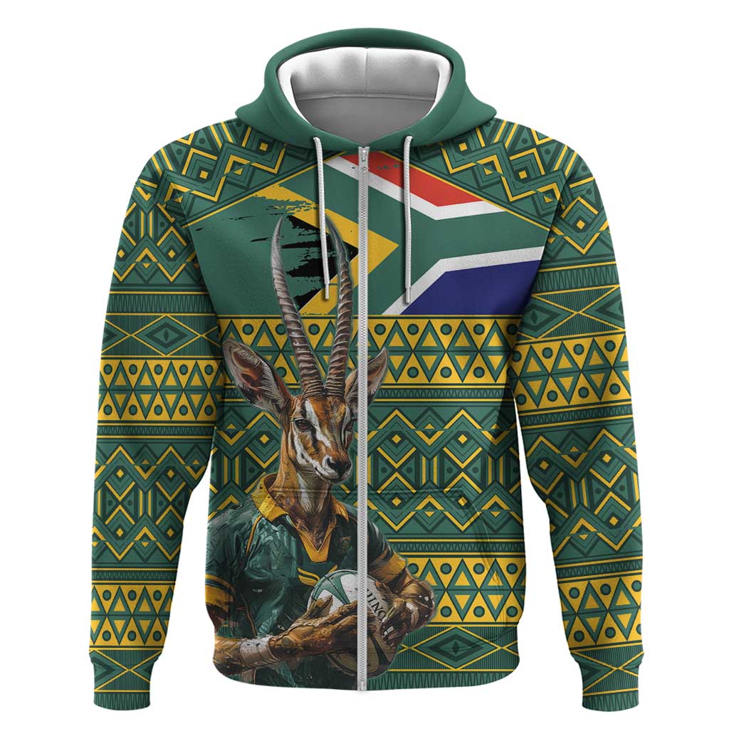 Custom South Africa Rugby Bokke Mascot Zip Hoodie With Flag Style - Wonder Print Shop