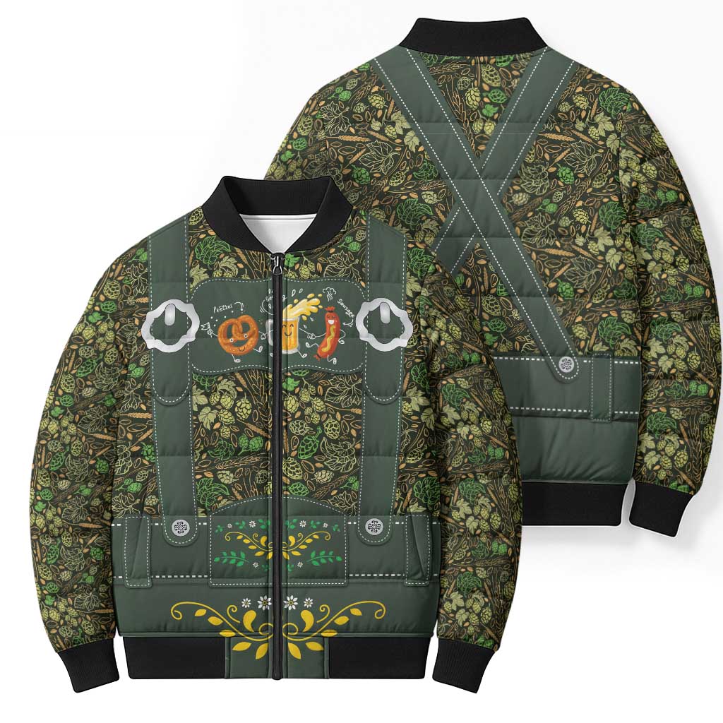 Lederhosen Oktoberfest Bomber Puffer Jacket Hops And Malt Pattern - Wonder Print Shop