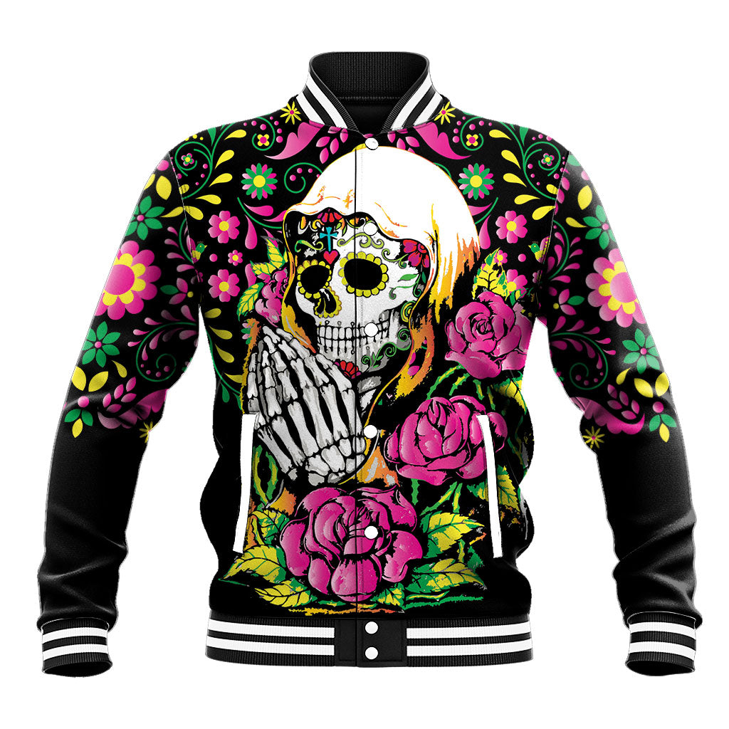 Dia De Muertos Praying Santa Muerte Baseball Jacket La Calavera Catrina Pink Rose