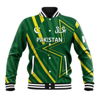 Green baseball jacket with yellow diagonal stripes, varsity collar, snap buttons, Pakistan logo