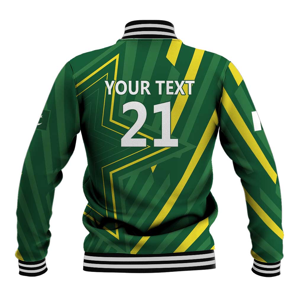 Green baseball jacket back with yellow stripes and “YOUR TEXT 21” print, striped ribbed cuffs