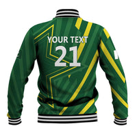 Green baseball jacket back with yellow stripes and “YOUR TEXT 21” print, striped ribbed cuffs