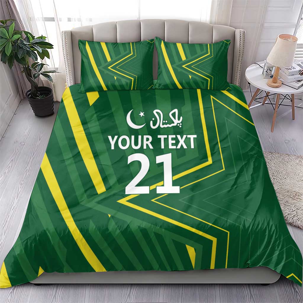 Green duvet cover and pillow covers with yellow geometric lines and “YOUR TEXT 21” text