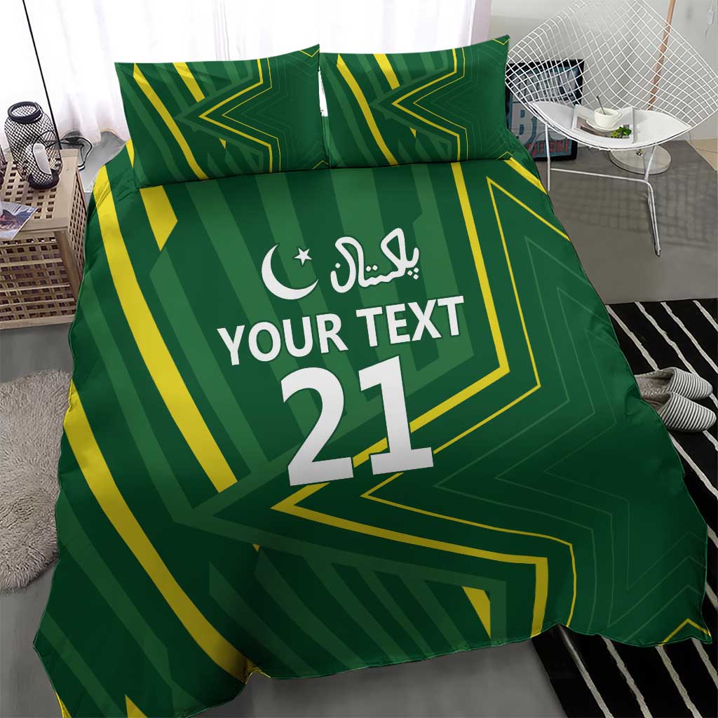 Green bedding set showing “YOUR TEXT 21” in white with crescent-star icon and yellow accents