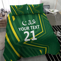 Green bedding set showing “YOUR TEXT 21” in white with crescent-star icon and yellow accents
