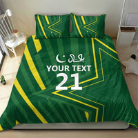 Green duvet cover with yellow chevron design and white “YOUR TEXT 21” on front