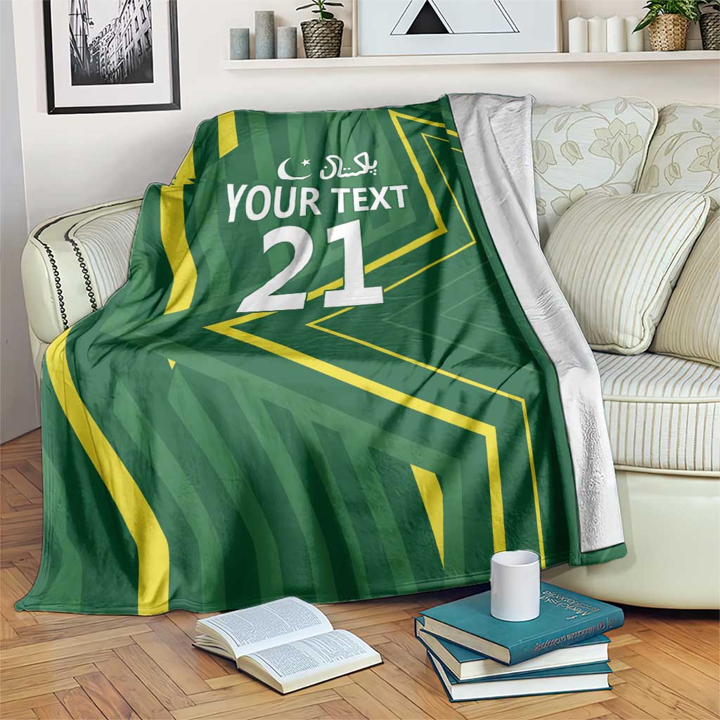 Green cricket-themed custom blanket with yellow chevrons and 'YOUR TEXT 21' print