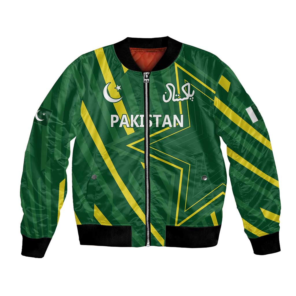 Green bomber jacket with front zipper, Pakistan graphic, star and crescent on chest