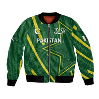 Green bomber jacket with front zipper, Pakistan graphic, star and crescent on chest