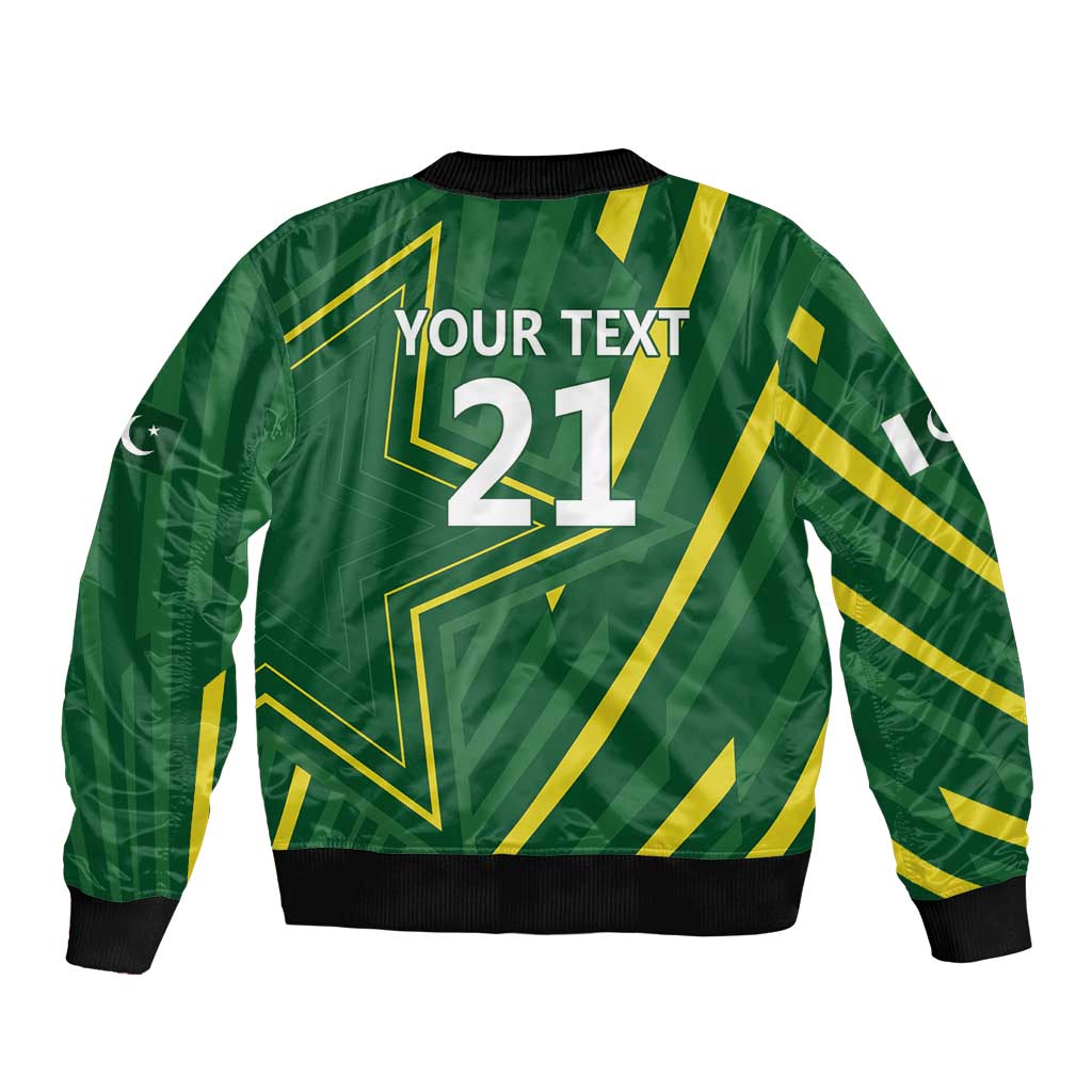 Green bomber jacket back graphic with 'YOUR TEXT 21' and yellow trim, black ribbed hem