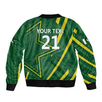 Green bomber jacket back graphic with 'YOUR TEXT 21' and yellow trim, black ribbed hem
