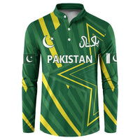 Green button-front long sleeve sweatshirt with Pakistan logo and yellow geometric graphic