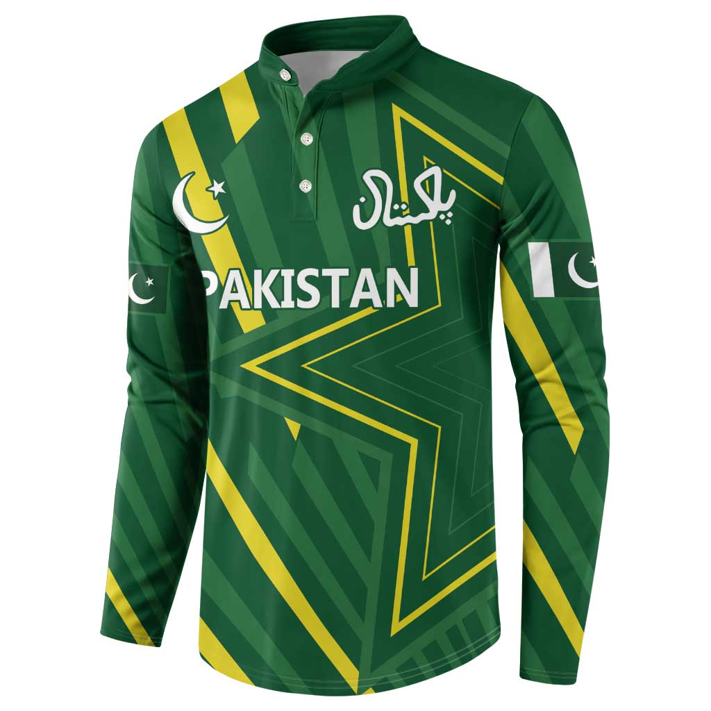 Green button-front long sleeve sweatshirt with Pakistan text and yellow geometric accents