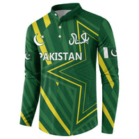 Green button-front long sleeve sweatshirt with Pakistan text and yellow geometric accents