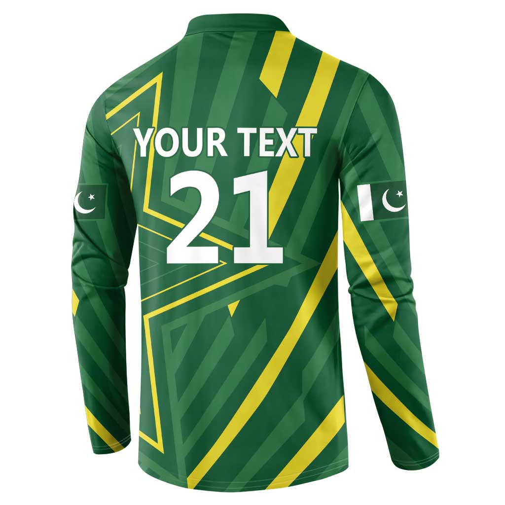 Green button-front long sleeve sweatshirt back with 'YOUR TEXT 21' and crescent logos