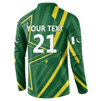 Green button-front long sleeve sweatshirt back with 'YOUR TEXT 21' and crescent logos