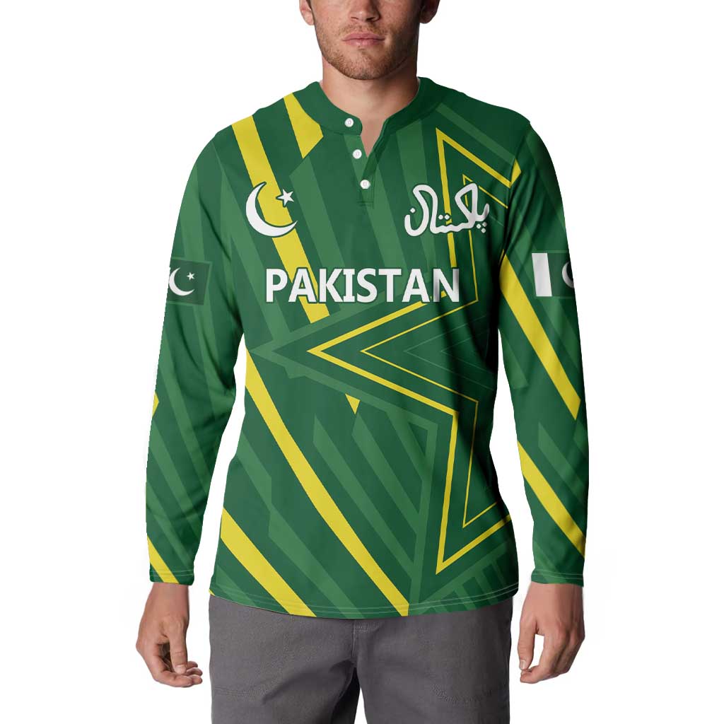 Green button-front long sleeve sweatshirt on model with Pakistan text and yellow graphics