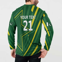 Green button-front long sleeve sweatshirt back view with 'YOUR TEXT 21' and flag icons