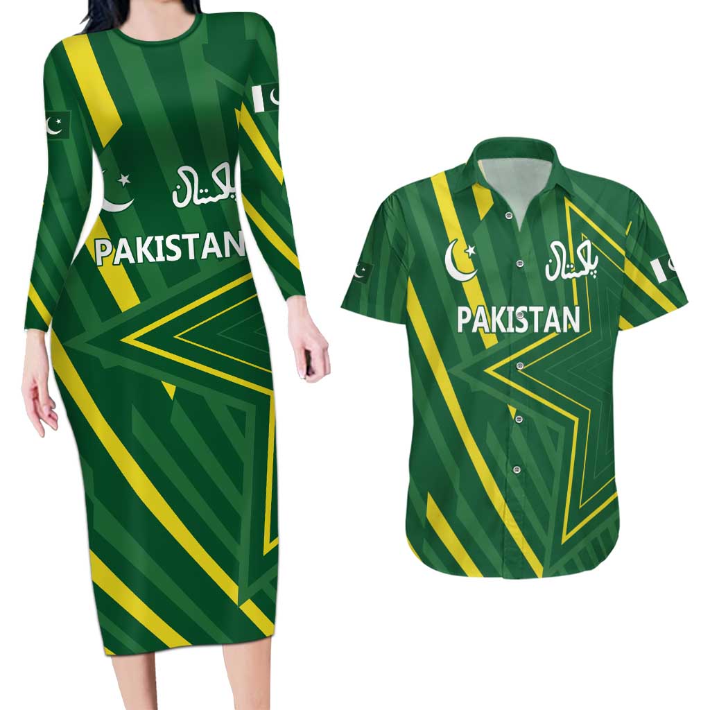 Pakistan Cricket Custom Couples Matching Long Sleeve Bodycon Dress and Hawaiian Shirt Shaheen Falcon Go Champions LT9 - Wonder Print Shop