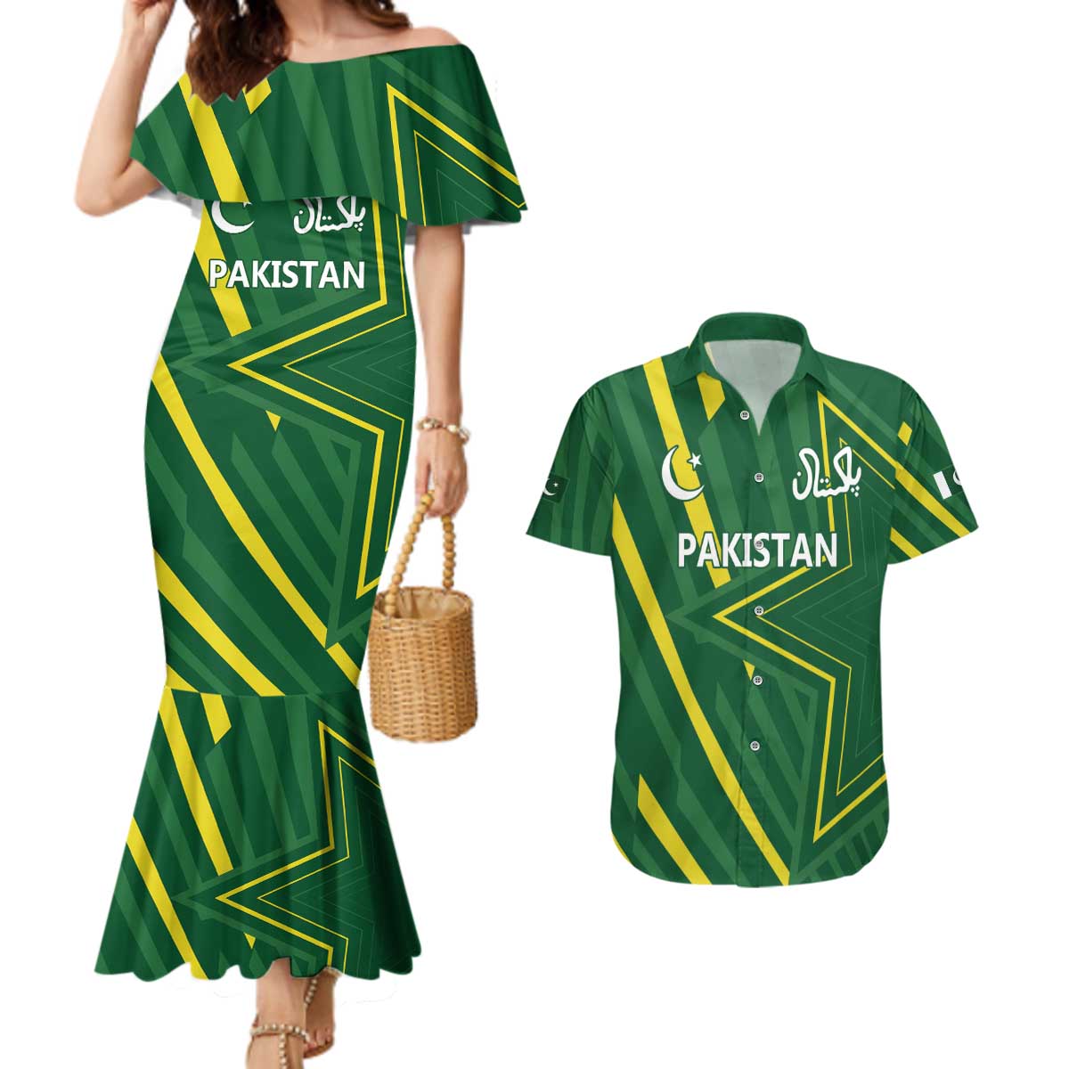 Pakistan Cricket Custom Couples Matching Mermaid Dress and Hawaiian Shirt Shaheen Falcon Go Champions LT9 - Wonder Print Shop