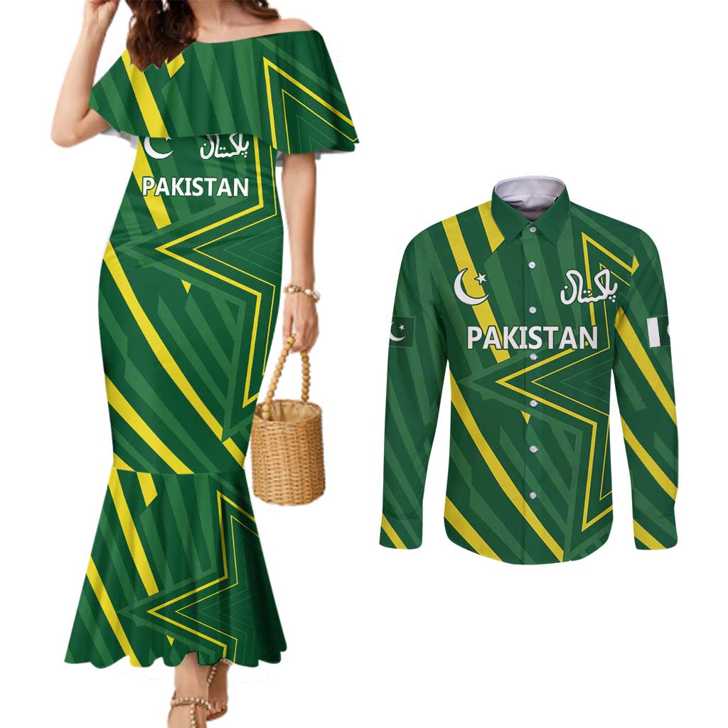 Pakistan Cricket Custom Couples Matching Mermaid Dress and Long Sleeve Button Shirt Shaheen Falcon Go Champions