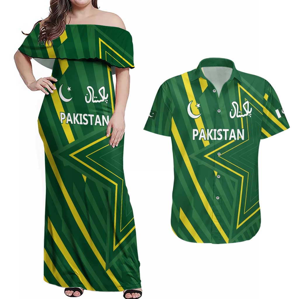 Pakistan Cricket Custom Couples Matching Off Shoulder Maxi Dress and Hawaiian Shirt Shaheen Falcon Go Champions LT9 - Wonder Print Shop