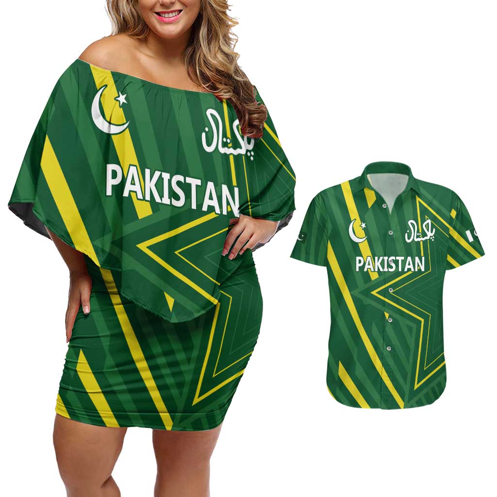 Pakistan Cricket Custom Couples Matching Off Shoulder Short Dress and Hawaiian Shirt Shaheen Falcon Go Champions LT9 - Wonder Print Shop