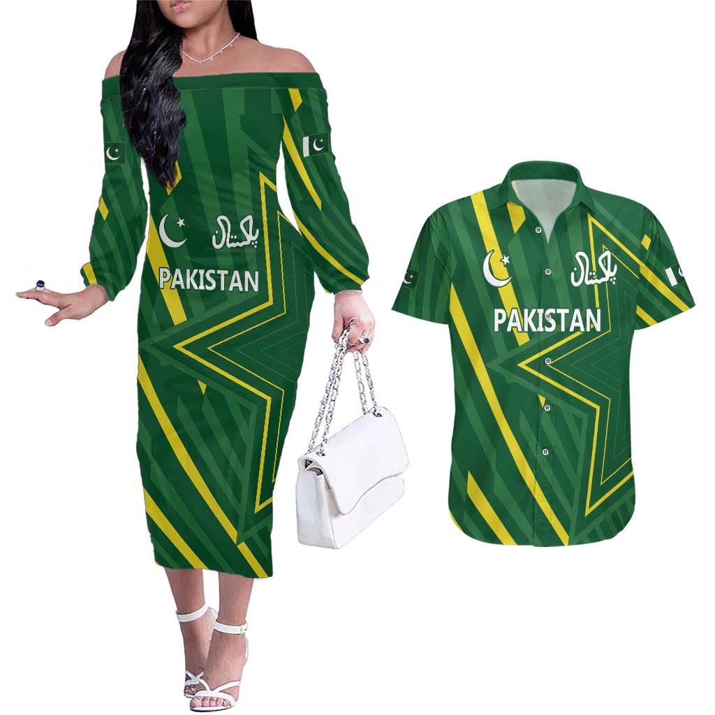 Pakistan Cricket Custom Couples Matching Off The Shoulder Long Sleeve Dress and Hawaiian Shirt Shaheen Falcon Go Champions LT9 - Wonder Print Shop