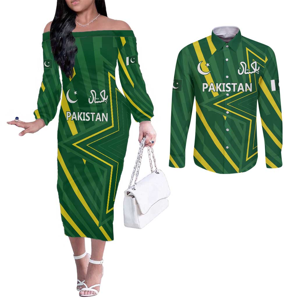 Pakistan Cricket Custom Couples Matching Off The Shoulder Long Sleeve Dress and Long Sleeve Button Shirt Shaheen Falcon Go Champions