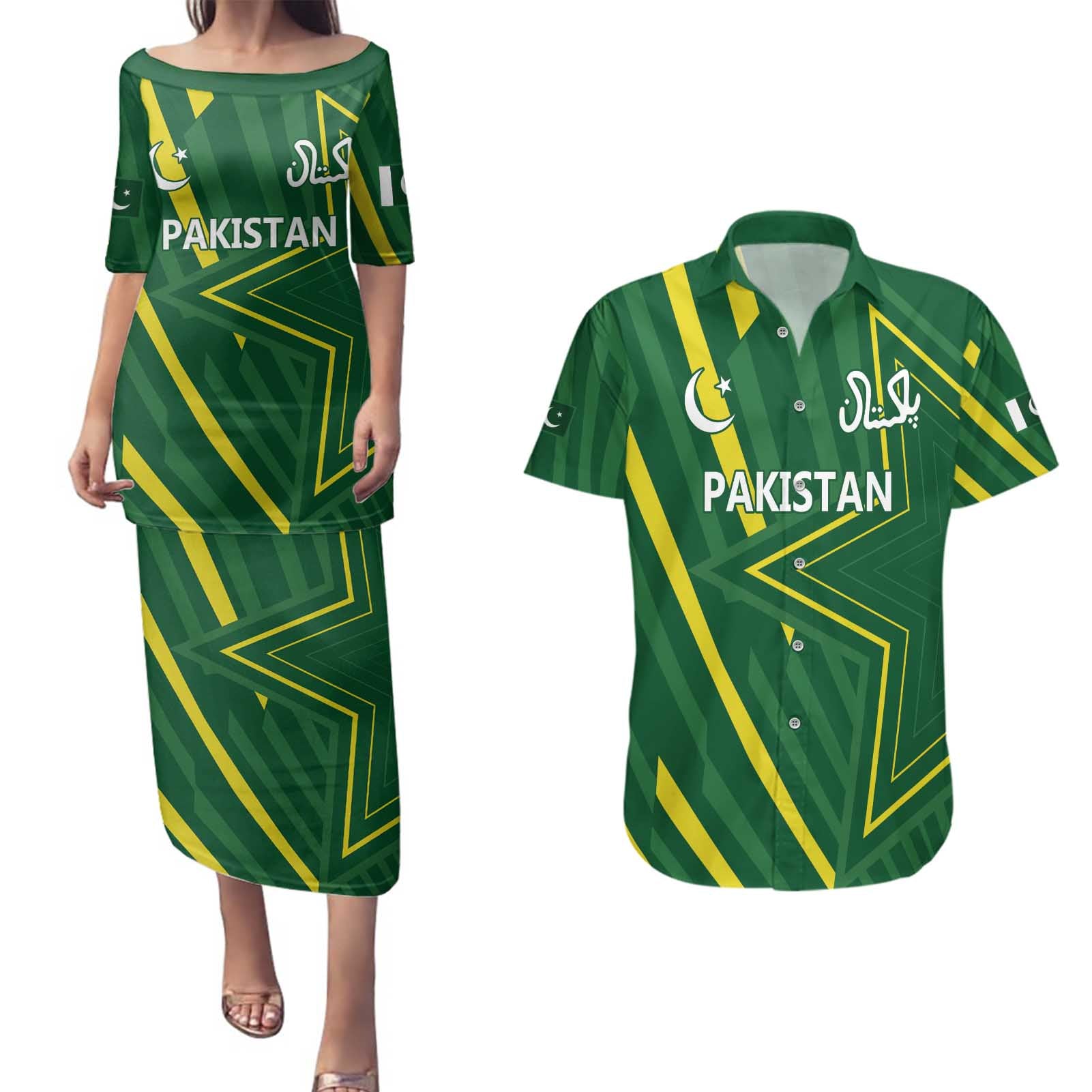 Pakistan Cricket Custom Couples Matching Puletasi and Hawaiian Shirt Shaheen Falcon Go Champions LT9 - Wonder Print Shop