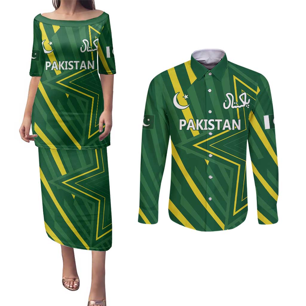 Pakistan Cricket Custom Couples Matching Puletasi and Long Sleeve Button Shirt Shaheen Falcon Go Champions LT9 - Wonder Print Shop