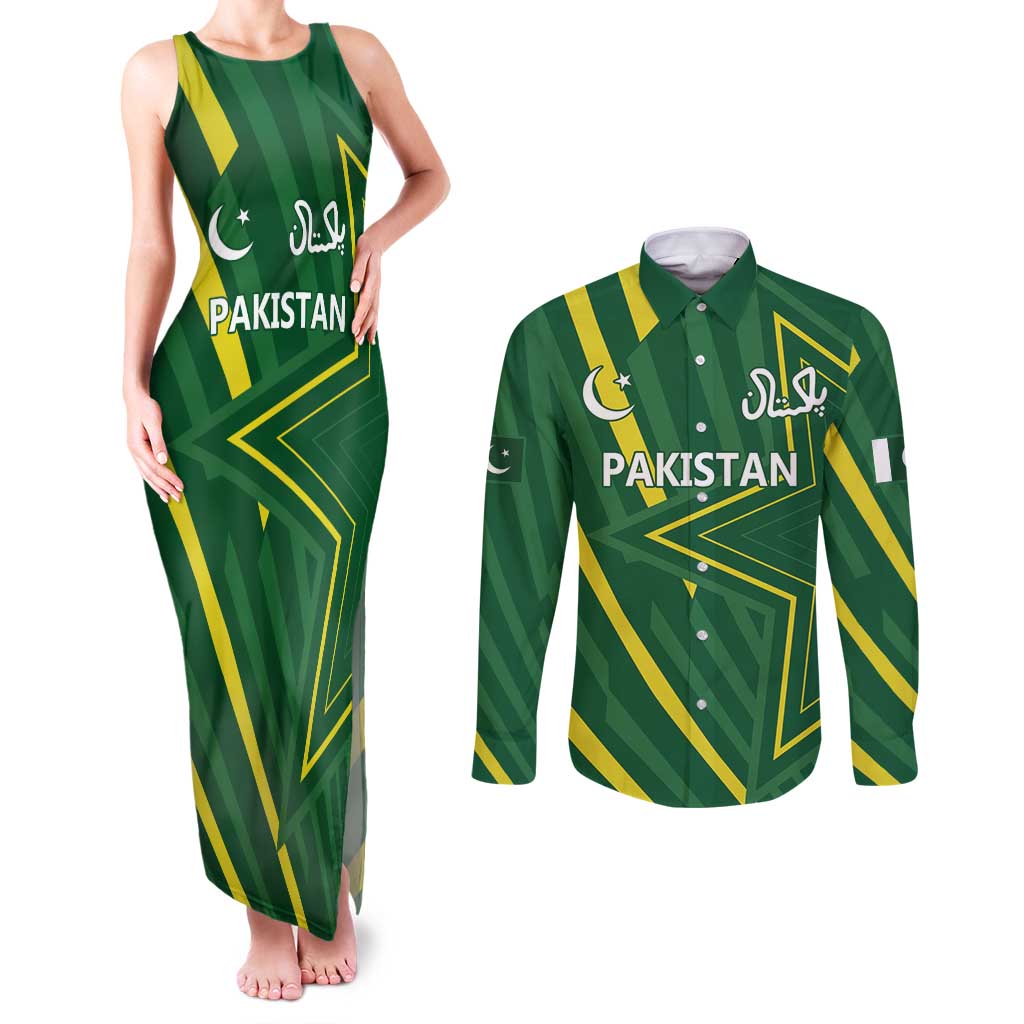 Pakistan Cricket Custom Couples Matching Tank Maxi Dress and Long Sleeve Button Shirt Shaheen Falcon Go Champions LT9 - Wonder Print Shop