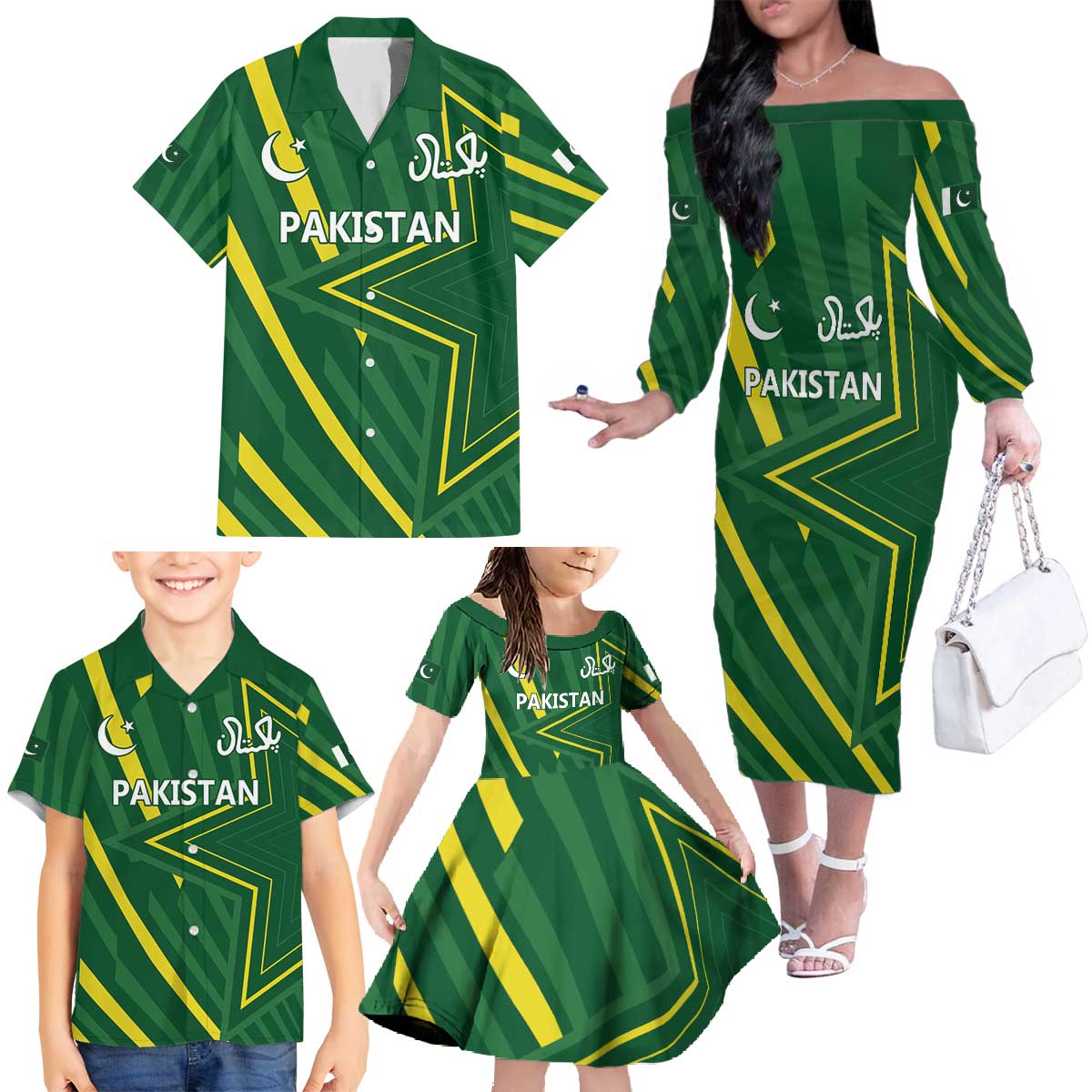 Pakistan Cricket Custom Family Matching Off The Shoulder Long Sleeve Dress and Hawaiian Shirt Shaheen Falcon Go Champions - Wonder Print Shop