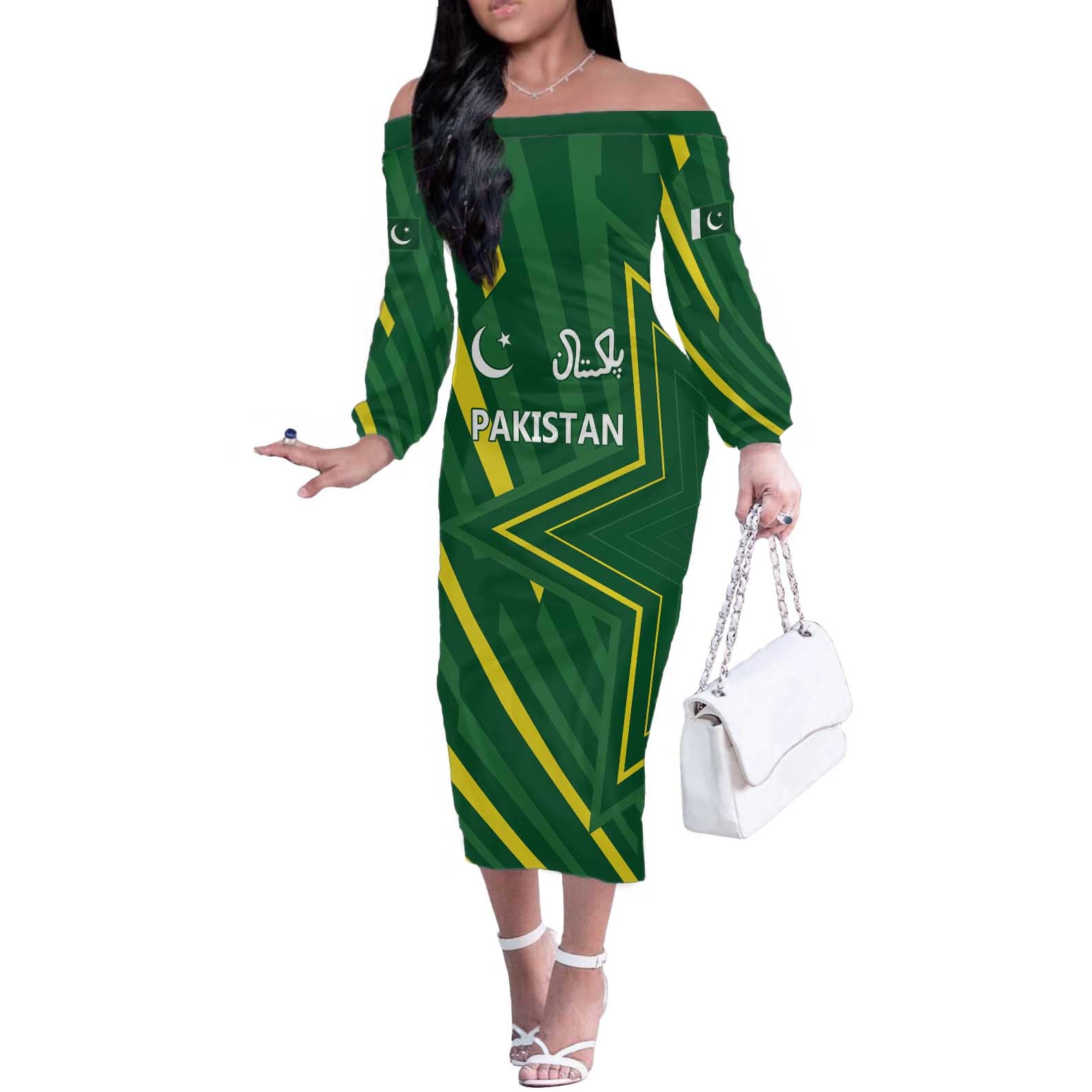 Pakistan Cricket Custom Off The Shoulder Long Sleeve Dress Shaheen Falcon Go Champions - Wonder Print Shop