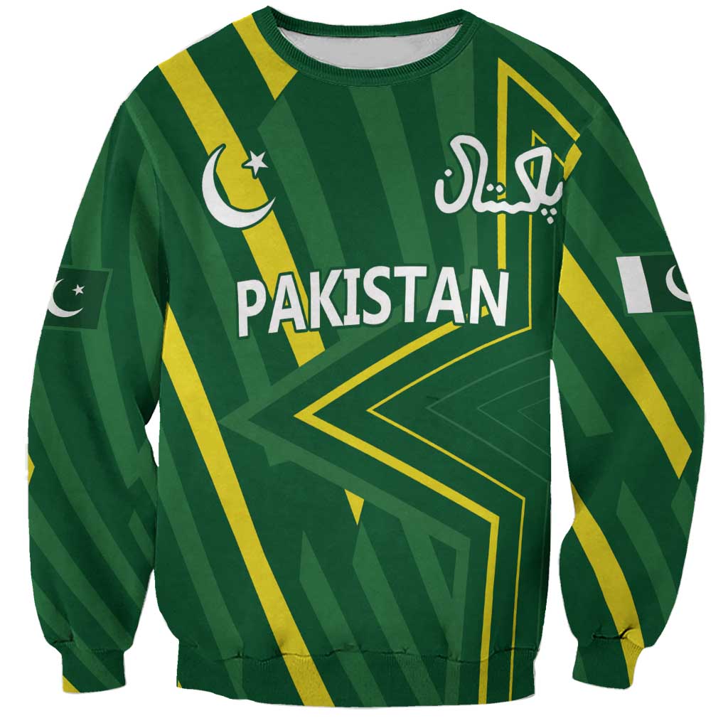 Green unisex sweatshirt with Pakistan logo, crescent star, and yellow geometric stripe print