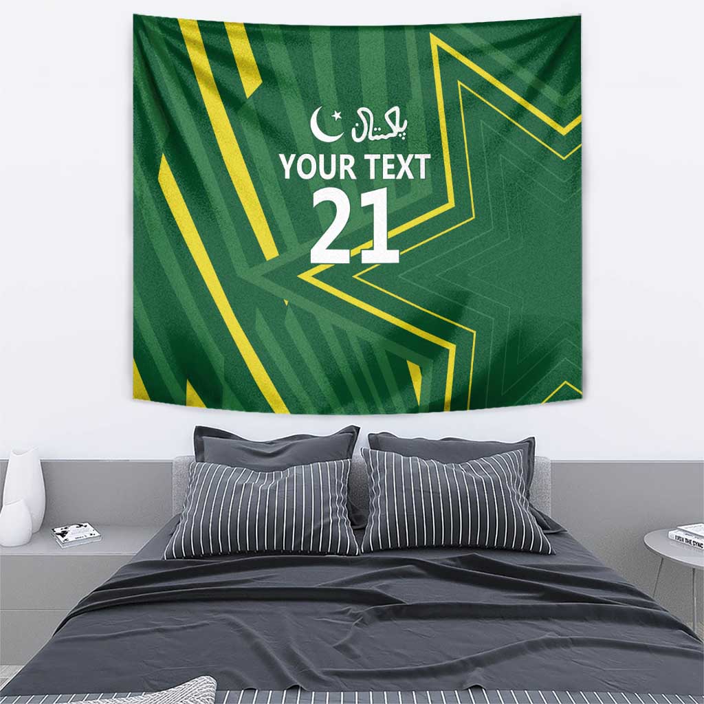 Green custom tapestry with yellow diagonal lines, Arabic calligraphy, and large number 21