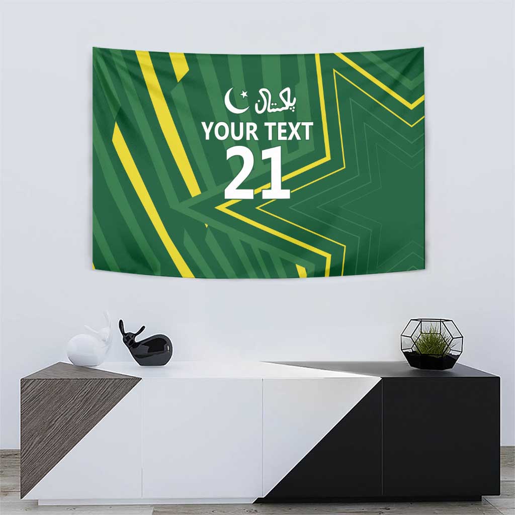 Green custom tapestry wall hanging with yellow corner lines and Arabic text over number 21