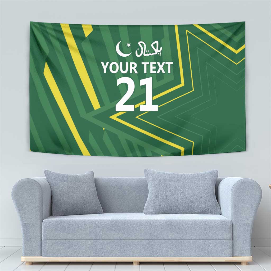 Green custom tapestry with yellow geometric pattern, Arabic script, and prominent number 21