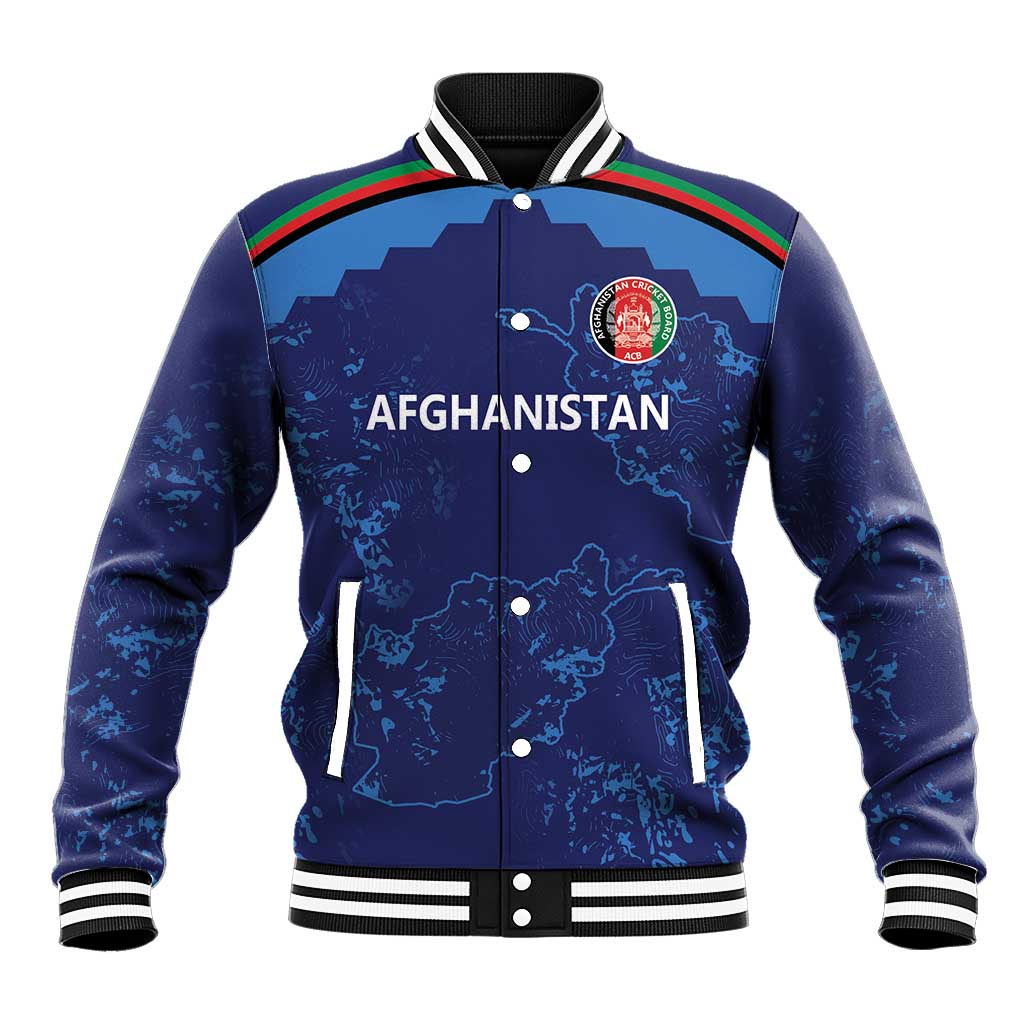 Blue cricket-style baseball jacket with Afghanistan map, varsity striped collar, front logo