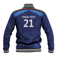 Blue baseball jacket back with YOUR TEXT 21, Afghanistan map graphic, striped collar