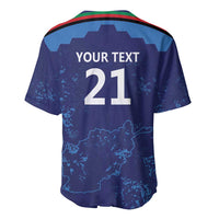 Blue jersey back with YOUR TEXT 21, map graphic, and striped collar