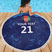 Round blue beach blanket with fringe edge, Afghan map pattern and custom text 21
