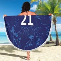 Blue round beach blanket with fringe edge, Afghan map graphics and large 21
