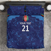 Blue custom bedding set with map print, “Your Text 21,” and matching pillowcases