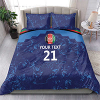 Blue duvet and two pillows with Afghanistan map design, “Your Text 21,” and sport stripes